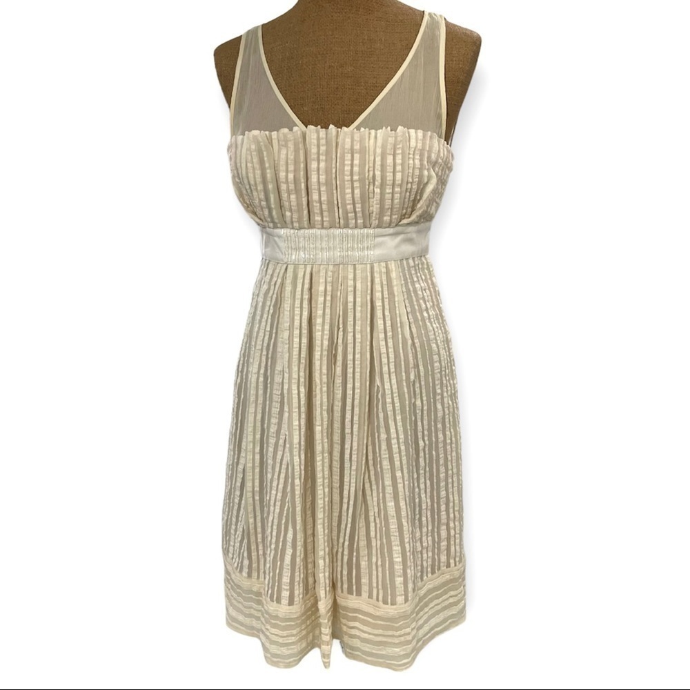 BCBG MaxAzria ecru sleeveless sheer striped lined beaded waist, paper bag bodice